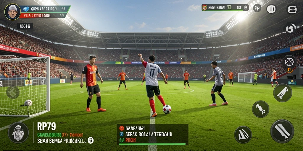 Screenshot gameplay RP79 menunjukkan aksi seru di lapangan sepak bola.